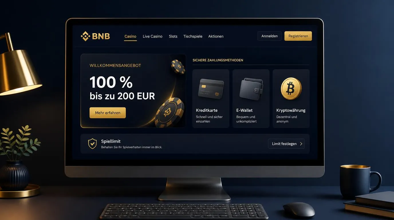 Casino-Oberfläche mit Willkommensangebot sowie Symbolen für Kartenzahlung, E-Wallet und Kryptowährungen