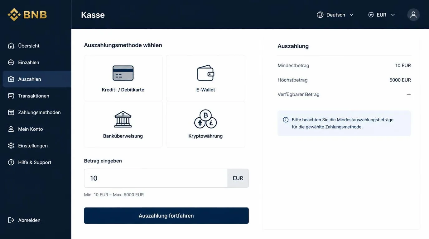 Casino-Kasse mit Zahlungsarten, Betragsfeld und Auswahl für Sprache und Kontowährung