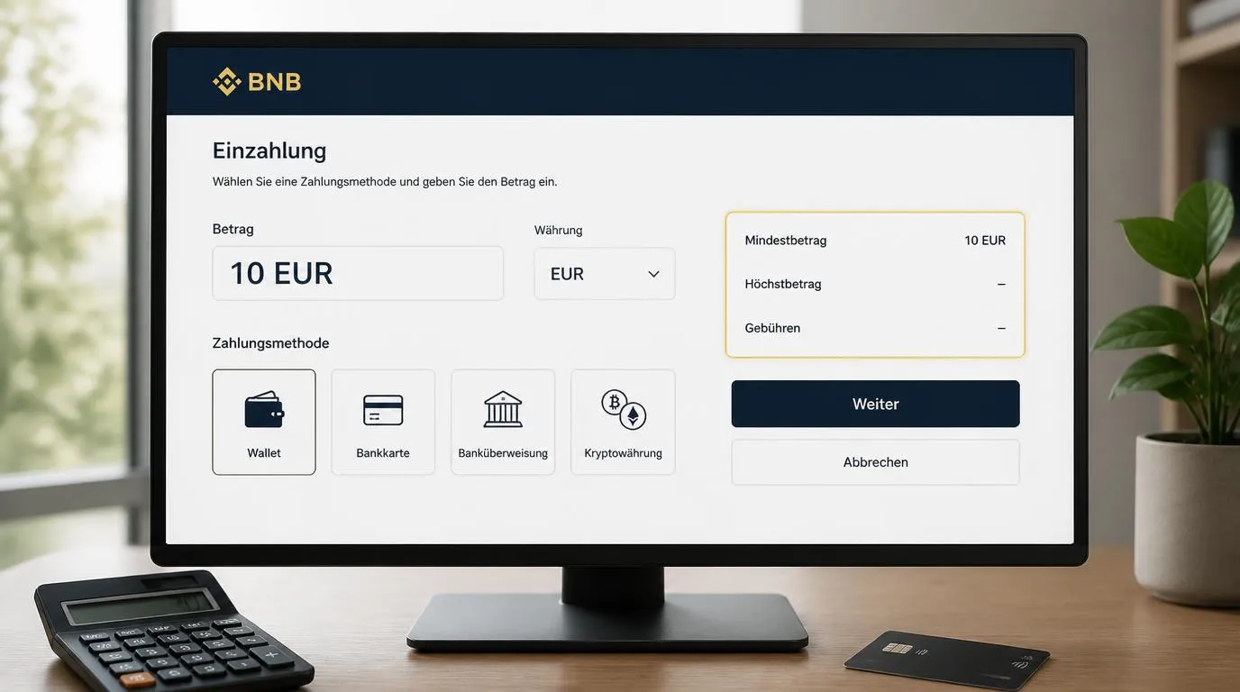 Kassenansicht mit 10 EUR Mindesteinzahlung, Zahlungsarten und Feldern für Höchstbetrag und Gebühren