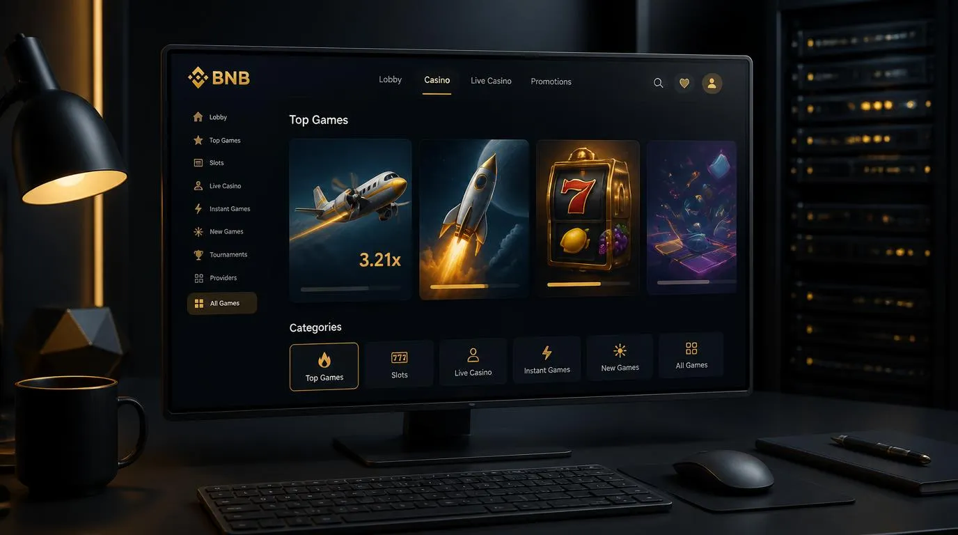 Casino-Oberfläche auf einem Monitor mit Spielkacheln und geordnetem Softwareportfolio