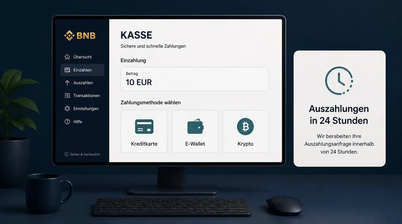 Kassenübersicht mit 10 EUR Mindesteinzahlung, 24-Stunden-Hinweis und Symbolen für Karte, E-Wallet und Kryptowährung