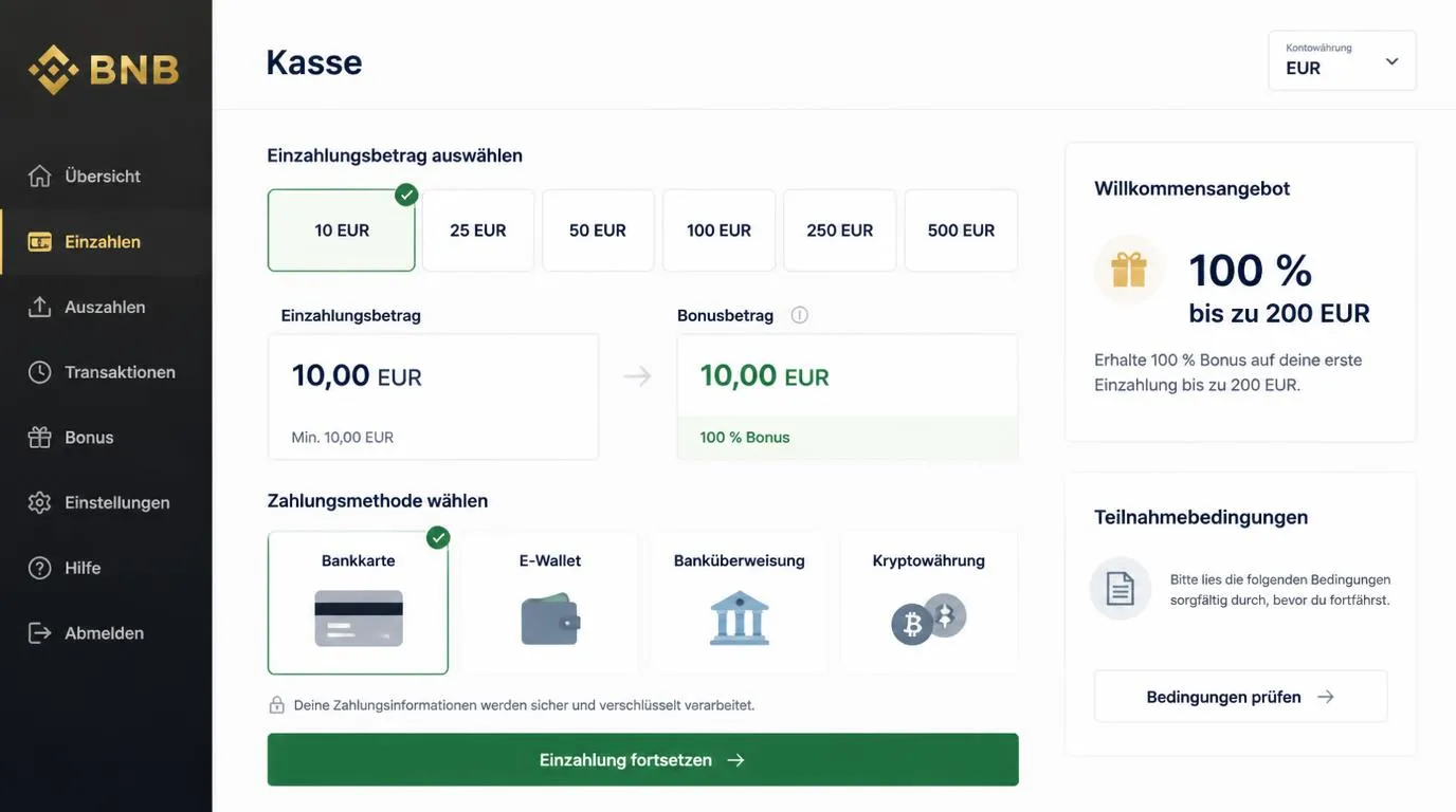 Kassenansicht mit 10 EUR Einzahlung, 10 EUR Bonus und Auswahl verschiedener Zahlungsarten