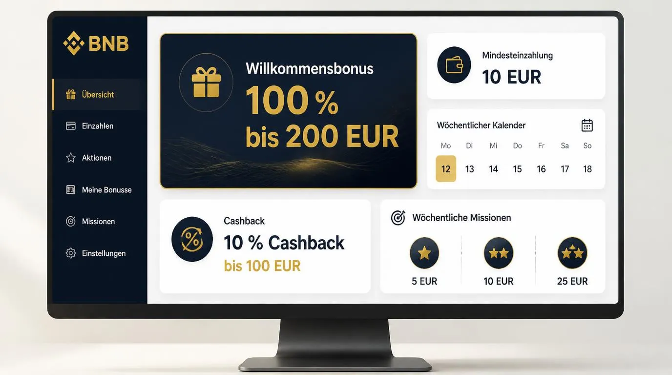 Bonusübersicht mit 100 % bis 200 EUR, 10 EUR Mindesteinzahlung und Kalender für die Cashback-Gutschrift am Montag
