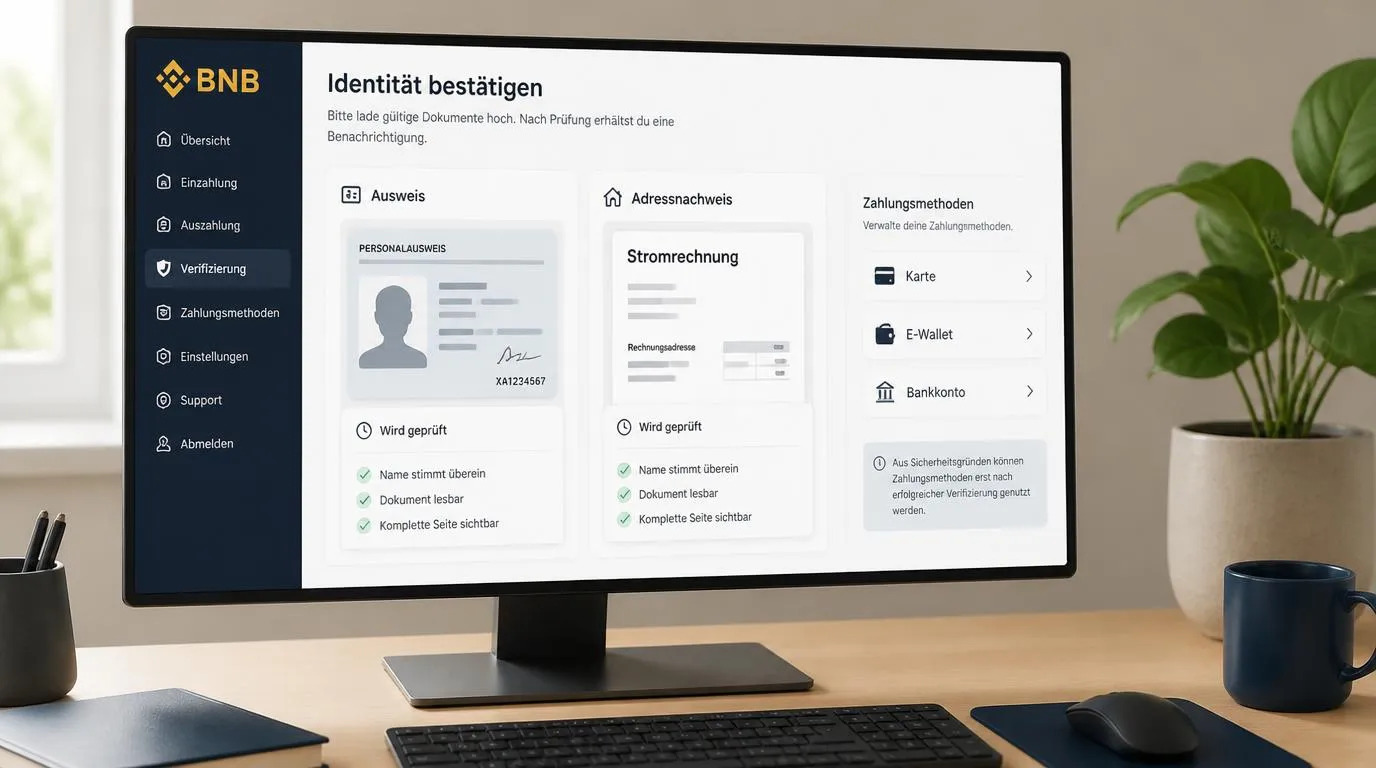 Konto-Verifizierungsseite mit Uploadfeldern für Ausweis und Versorgerrechnung als Adressnachweis