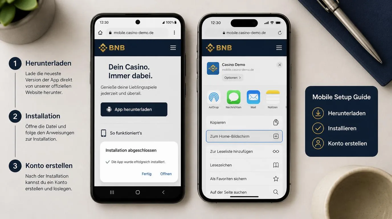 Android-Smartphone und iPhone mit Downloadseite und Safari-Menü zum Hinzufügen der Website zum Home-Bildschirm