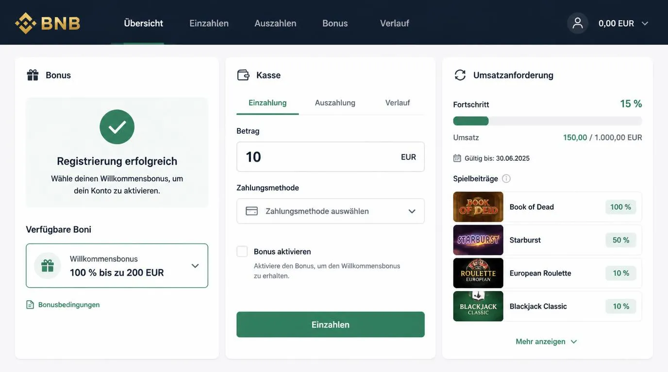 Casino-Konto mit Bonusauswahl, Einzahlung von 10 EUR und einer Anzeige für den Umsatzfortschritt
