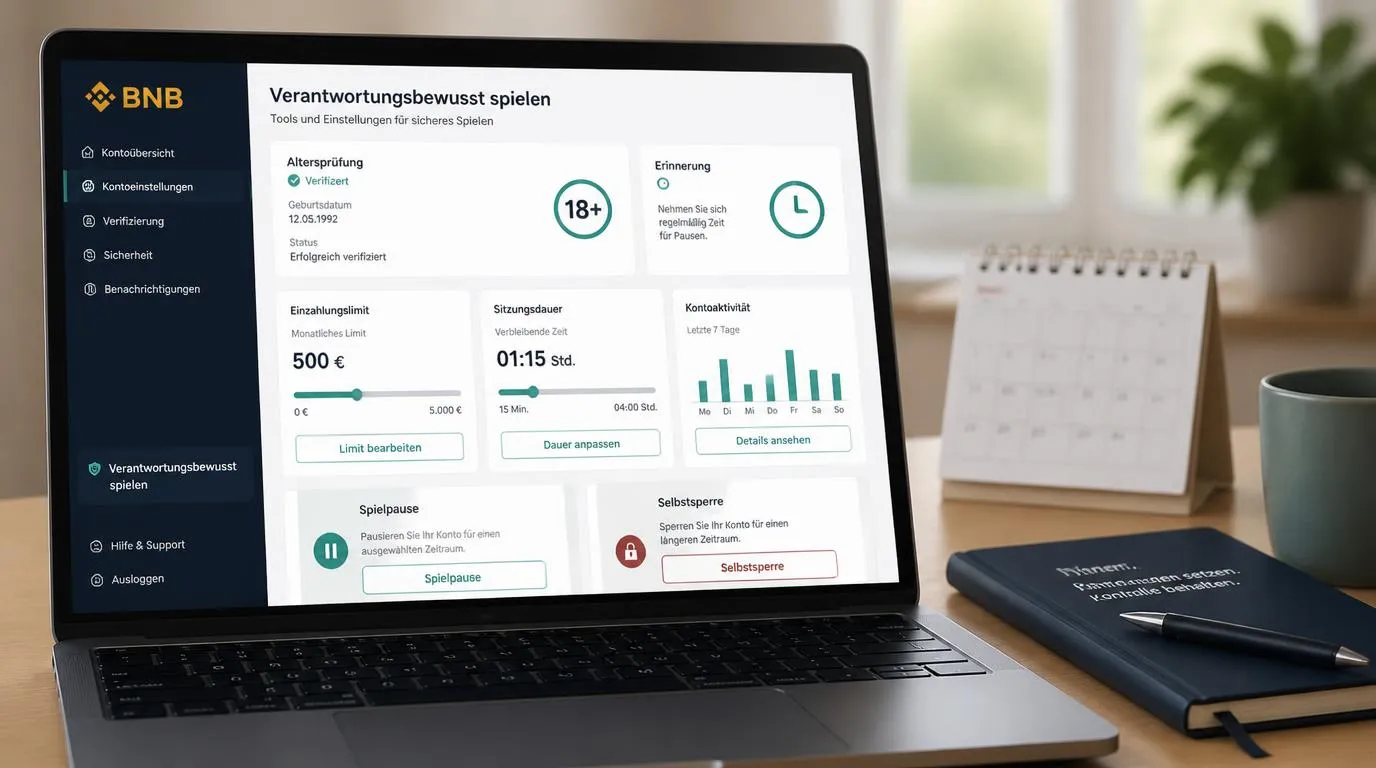 Kontoeinstellungen mit Altersprüfung, Einzahlungslimit, Sitzungslimit und Schaltfläche für eine Spielpause