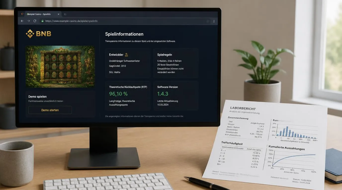 Spieloberfläche mit Herstellerangabe, Spielregeln und Auszahlungsquote neben einem unabhängigen Prüfbericht
