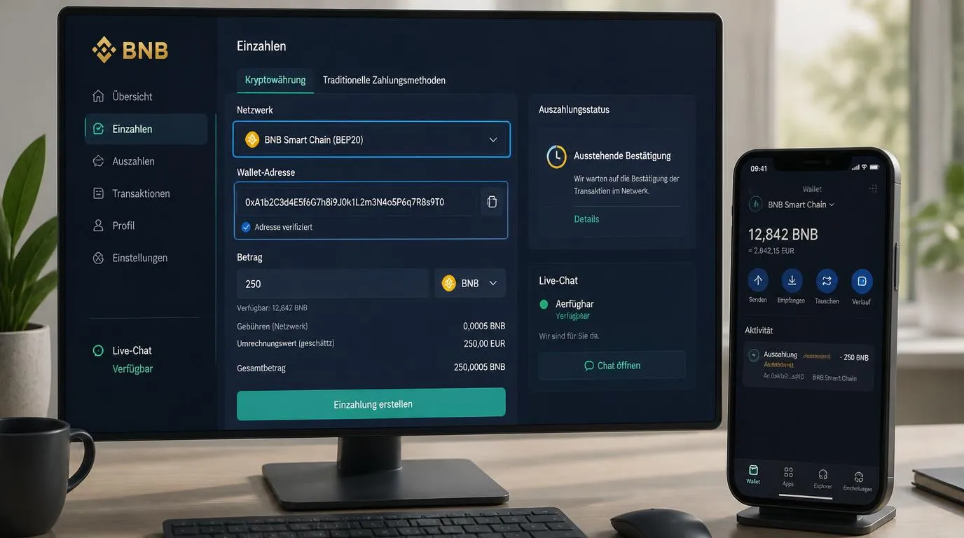 Casino-Kasse mit Krypto-Wallet, Netzwerkauswahl und Prüfung der Empfängeradresse vor einer Einzahlung